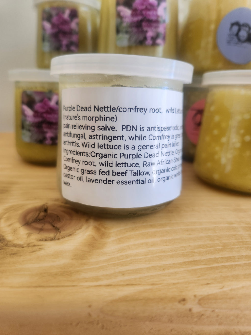 Purple dead nettle, Comfrey root, and wild lettuce pain salve